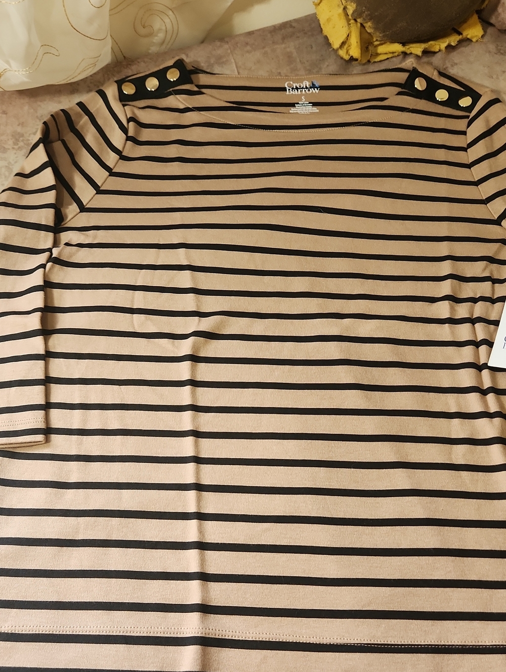 Croft & Barrow Women's Tan and Black Striped Boatneck Top with Shoulder Buttons